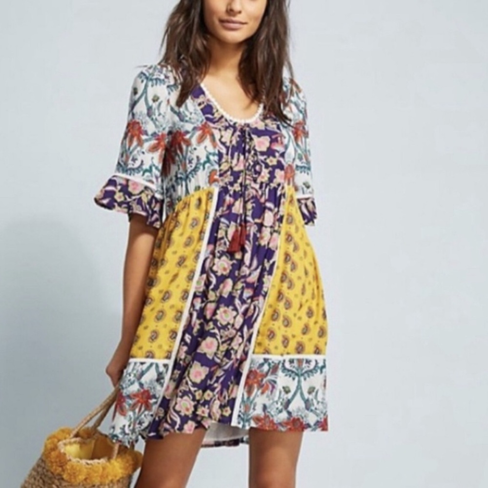 Anthropologie Lilka Patchwork trapeze Dress size xs